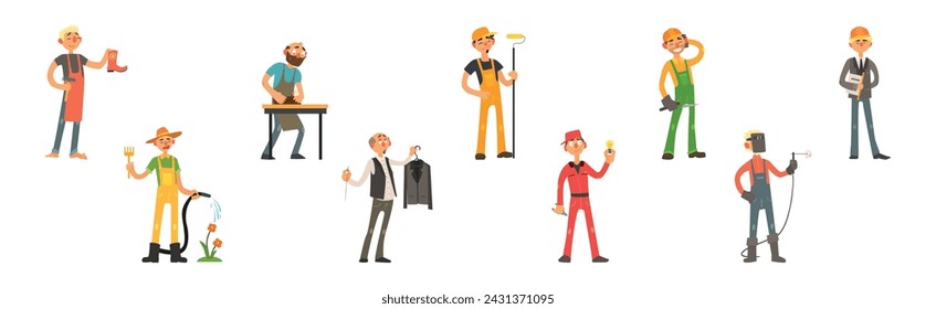 Funny Man Character Engaged in Different Occupation Vector Set