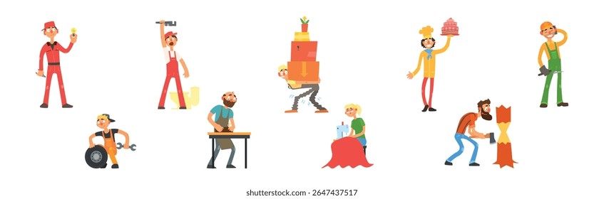 Funny Man Character Engaged in Different Occupation Vector Set
