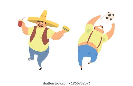 Funny Man Character with Fat Belly in Sombrero Drinking Soda and Catching Ball Vector Set