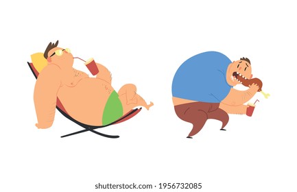 Funny Man Character with Fat Belly Drinking Soda Lounging and Eating Greedily Fried Chicken Leg Vector Set