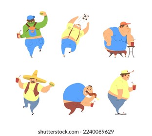 Funny Man Character with Fat Belly Drinking Soda, Playing Football and Eating Greedily Fried Chicken Leg Vector Set