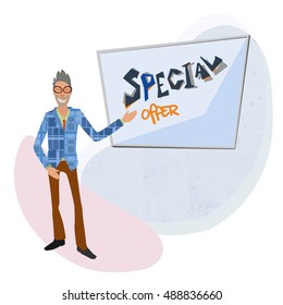 funny man character standing and showing blank board