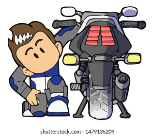 Funny man checking his sporty motorcycle in cartoon style