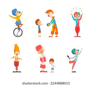 Funny Man Clown Character in Colorful Costume Entertaining Kids Vector Set