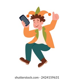 Funny man in a clown costume with a phone in his hand. Vector illustration