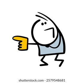 Funny man crouched down in surprise and points his finger in the direction of important information. Vector illustration of a stickman in a fan glove. Isolated cartoon character on white background.