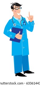 Funny man doctor in blue coat with stethoscope, raised index finger up, 