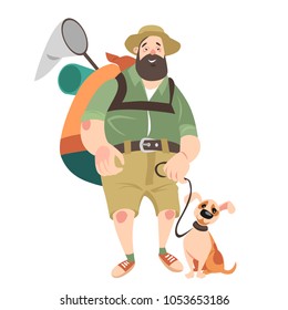 Funny man with a dog travel in search of adventure. Vector illustration on white background.