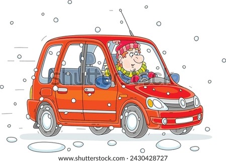 Funny man driving his small red car down a snow-covered road on a cold and snowy winter day, vector cartoon illustration on a white background Imagine de stoc © 