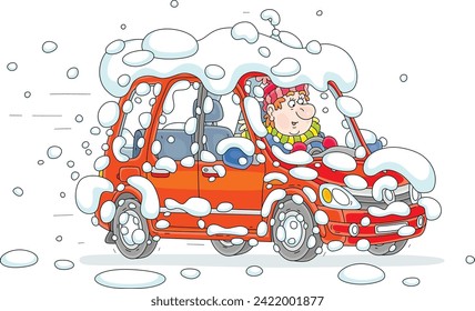 Funny man driving his snow-covered red car down a road on a cold and snowy winter day, vector cartoon illustration on a white background