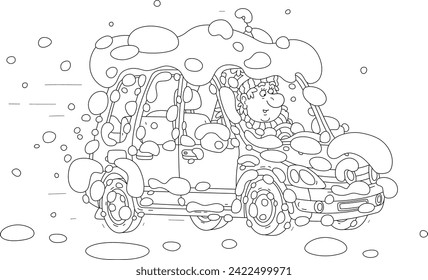 Funny man driving his snow-covered red car down a road on a cold and snowy winter day, black and white vector cartoon illustration for a coloring book