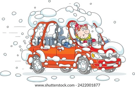 Funny man driving his snow-covered red car down a road on a cold and snowy winter day, vector cartoon illustration on a white background Imagine de stoc © 