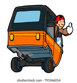 Funny man driving Indonesian auto rickshaw and smiling happily, rear view - vector.