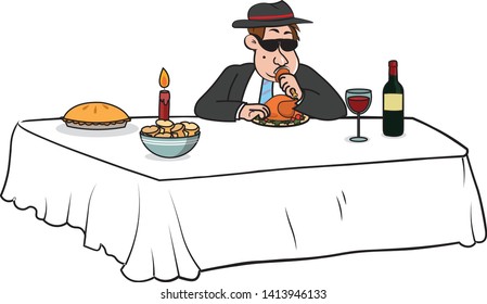 funny man eating food, chicken turkey dish on a table