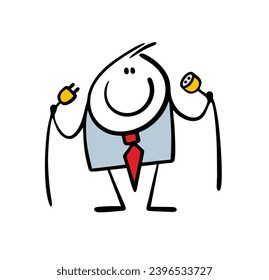 Funny man in an elegant suit holds a wire, a socket and an electric plug to turn on the device. Vector illustration of stickman connects and solves business problem. Isolated on white background.