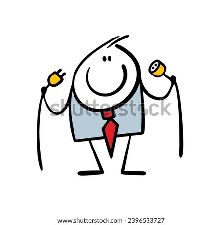 Funny man in an elegant suit holds a wire, a socket and an electric plug to turn on the device. Vector illustration of stickman connects and solves business problem. Isolated on white background.