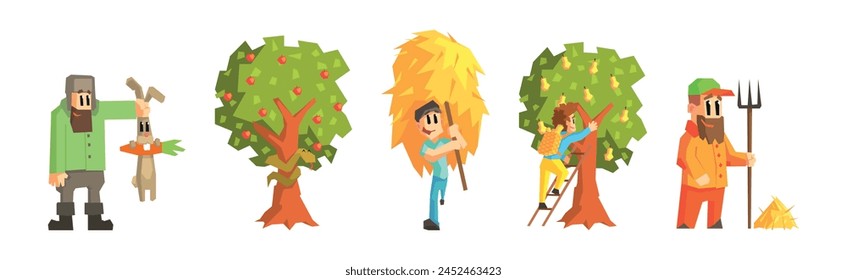 Funny Man Farmer Character Enjoy Horticulture and Agriculture Vector Set