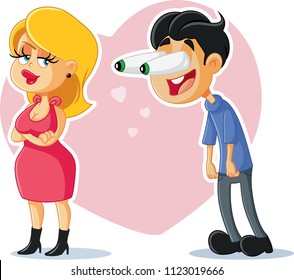 Funny Man Flirting with Beautiful Woman Vector Cartoon. Guy having a crush love at first sight concept illustration
