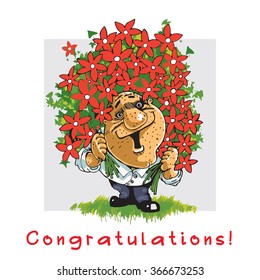 Funny man with flowers. Cartoon vector illustration.