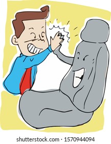 Funny man giving high five to front car seat