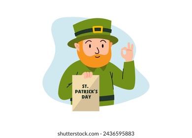 funny man with green hat carrying a invitation card letter. illustration for St. Patrick's Day, Irish holiday