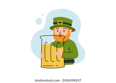 Hombre divertido con sombrero verde está sosteniendo un gran vaso de cerveza. ilustración para el día de San Patricio, vacaciones irlandesas