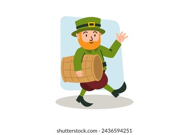 Un hombre divertido con sombrero verde lleva un barril de cerveza. Ilustración para el Día de San Patricio, fiesta irlandesa