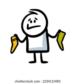 A funny man with a grin holds two socks of different colors and is surprised at his absent-mindedness. Vector illustration of a distracted person who can't find the same pair of clothes.