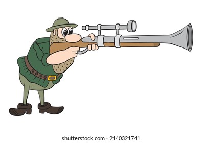 funny man with a gun in his hands takes aim, hunter, cartoon, on a white background