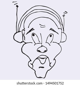 Funny funny man with headphones and radio antennas on his head, a parody of a music lover or spy, vector image