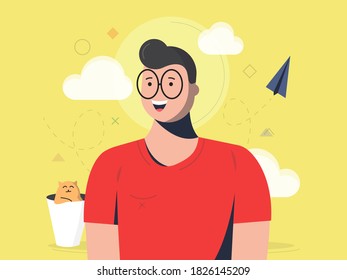 Funny man and his cat pose smile. Cute backround, clouds and paper plane.