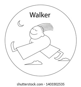 Funny man with his eyes closed walks under the moon.  Vector illustration.