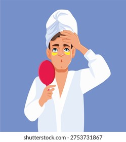 Funny Man Holding Mirror Applying Eye Mask Vector Illustration. Surprised man feeling surprised about beauty procedures 
