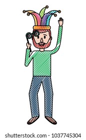 funny man holding silly glasses and jester hat
