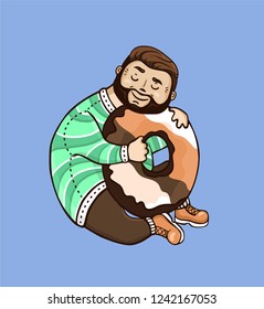 Funny man hugging a huge donut. Bearded man personage. Vector. Isolated on background.