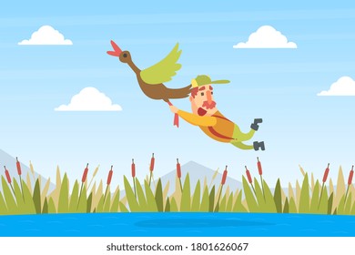 Funny Man Hunter Character Flying with Duck Bird Cartoon Vector Illustration