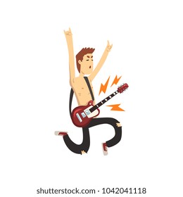 Funny man in jumping action with electric guitar. Cartoon character of young musician. Guy dressed in black ripped pants. Guitarist of rock band. Flat vector design