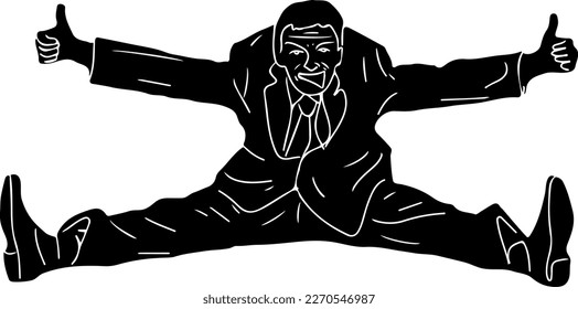 Funny man jumping in air silhouette, hand drawn sketch drawing of businessman in formal suit jumping in air, man funny pose line art illustration
