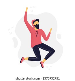 Funny Man jumping or dancing. Cartoon style boy in flat design. Vector illustration. Can be used for banner, postcard, websites or ads.