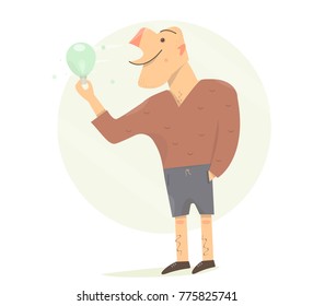 Funny man with a light bulb in his hands. Cartoon character comic style.