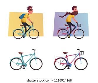 Funny man with long beard ride a bike. Vintage bicycle. Cartoon vector illustration