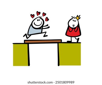 Funny man in love overcomes difficulties and runs across the bridge with his arms outstretched. Vector illustration of  princess waiting for the groom. Cartoon man and a woman meet on the shore.