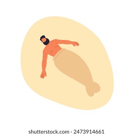Funny man lying on beach, mermaid tail shaped from sand. Merman person relaxing, sunbathing. Summer holiday fun, recreation, entertainment. Flat vector illustration isolated on white background