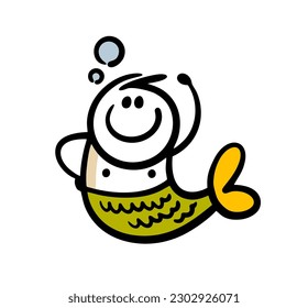 Funny man mermaid underwater inhabitant from the depths of the sea waves his hand affably and swims in the ocean water. Vector illustration of a fabulous creature.