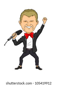 Funny man with a microphone in the hands on white background