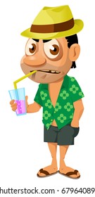 Funny man on the beach with cocktail. Cartoon styled vector illustration. Elements is grouped. Isolated on white. No transparent objects.