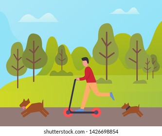 Funny man on scooter vector, transportation of male with dogs. Pets and owner having good time at forest, active guy leading cool lifestyle, weekends