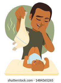 Funny man pinching nose while changing sweet little baby stinky diaper