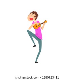 Funny man playing ukulele, smiling guy with small guitar vector Illustration