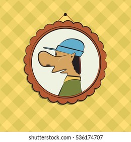 Funny man portrait. Cute character humor style image. Retro framed oldstyle picture. Vector illustration. 